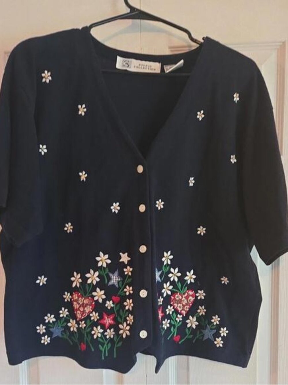 Vtg Studio Collection Cardigan Grandma Core Short Sleeve Embroidery Beads Floral